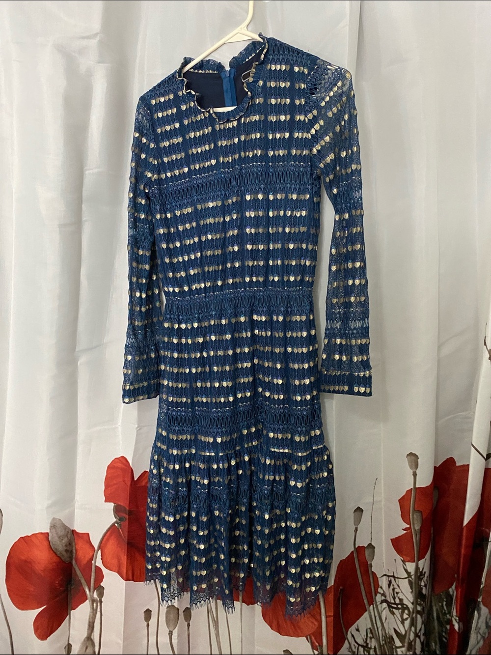 Long-Sleeve Navy Dress with Gold Dot Lace Accents